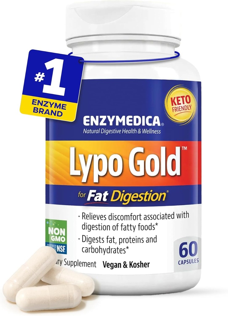 Enzymedica Lypo Gold, Υψηλής ισχύος Lipase Digestive Ένζυμα για τη λιπαρή πέψη, υποστηρίζει περιστασιακή Bloating Relief & Digestive Health, Keto-Friendly, Vegan, 60 κάψουλες