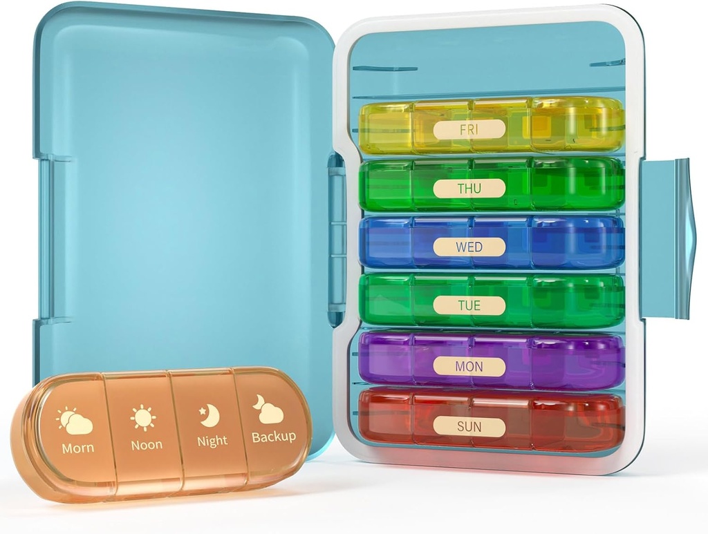 Haftalık Pill Organizer 4 Times a Day, 7 Day Pill Box 4X, Travel Pill Case for Pills /Vitamin / Fish Oil /Medication /Supplements (4x7 Blue+Rainbow)