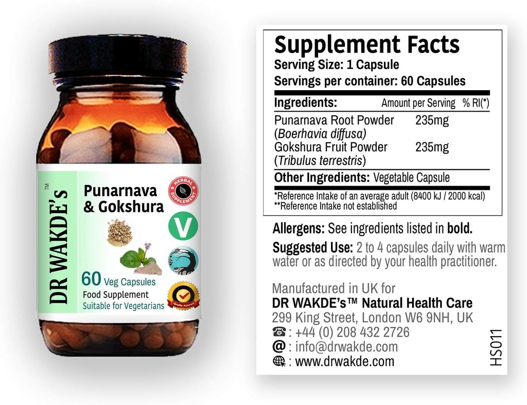 DR WAKDE'nin Punarnava & Gokshura Capsules (60 Veg Caps, Sağlıklı Urinary Flush, Ayurvedic Supplement, Vegan, Herbal, All Natural, Made in UK)