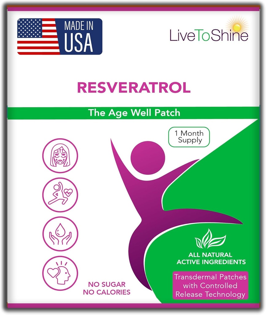 Shine Resveratrol Patch'e Yaşamak - Sağlıklı Aging ve Wellness için Transdermal Topical Plant-Based Antioksi Destek - Kadınlar ve Erkekler için 30 Patch - ABD Made
