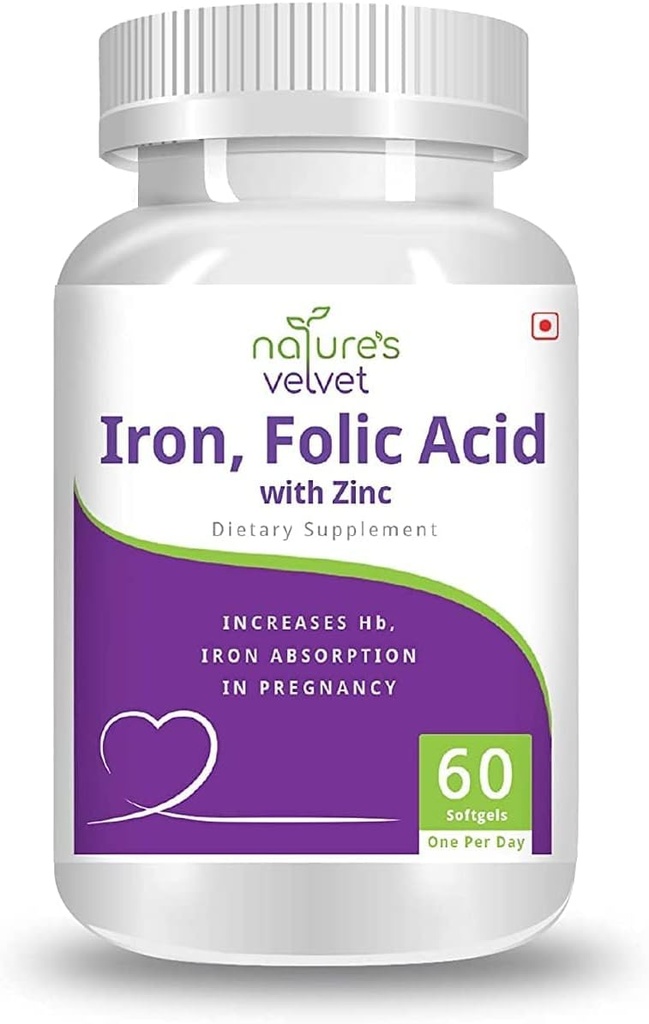 AZAZ Natures Velvet Lifecare Iron & Folic Acid with çinko, for Supplementation in Gebelik, 60 softgels