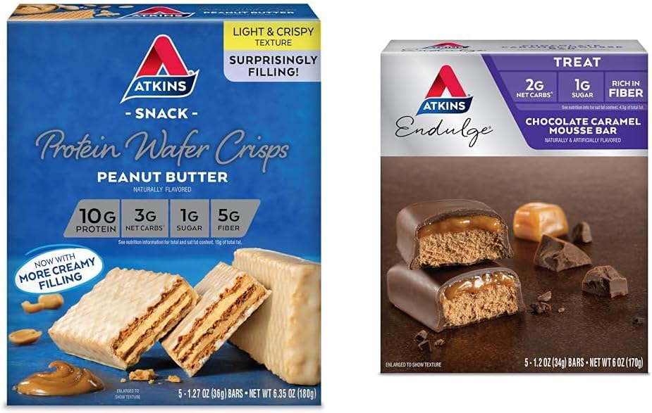 Atkins Peanut Butter Protein Wafer Crisps 5 Kont ve Chocolate Caramel Mousse Bars 5 Kont
