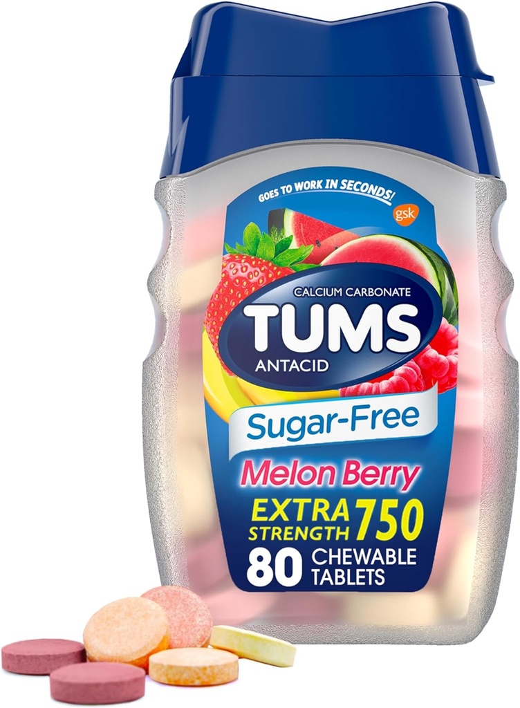 TUMS Extra Strength Chewable Sugar Free Antacid Tabletleri Heartburn Relief, Melon Berry - 80 Count