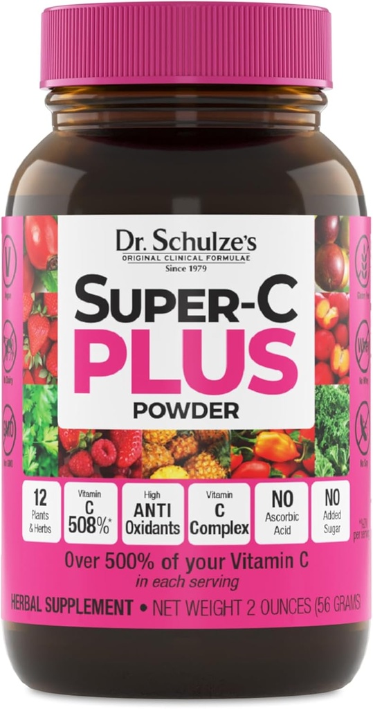 Dr. Schulze'nin Super-C Plus - Immune Support için C Supplement - Skin Health & Antioksi Desteği - Yüksek Lisanslı Formula - Plant-Based Superfood - Gluten-Free & Vegan - 2 oz (20 hizmet)