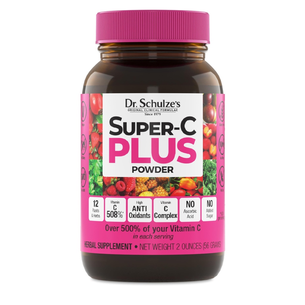 Dr. Schulze'nin Super-C Plus - Immune Support için C Supplement - Skin Health & Antioksi Desteği - Yüksek Lisanslı Formula - Plant-Based Superfood - Gluten-Free & Vegan - 2 oz (20 hizmet)