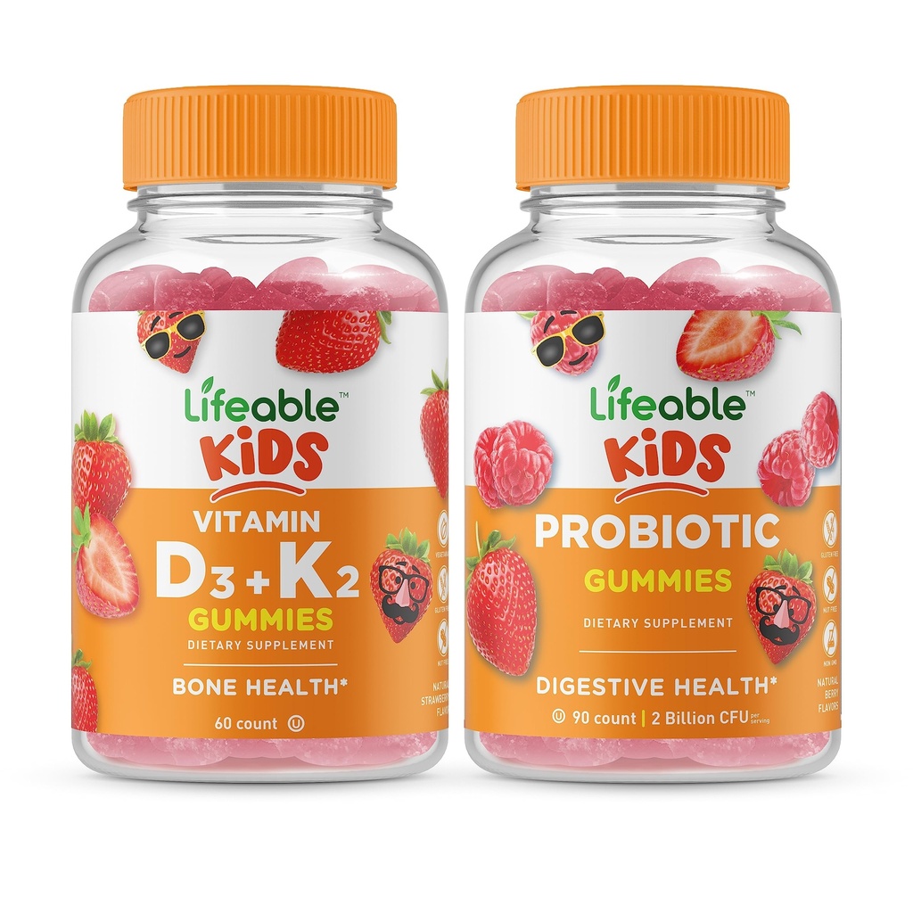 Βιταμινη D3 + Βιταμίνη K2 Kids + Προβιοτική 2 Δισεκατομμύρια CFU Kids, Gummies Bundle - Μεγάλη γεύση, συμπλήρωμα βιταμίνης, Χωρίς γλουτένη, Χωρίς ΓΤΟ, Μασώμενο Gummy