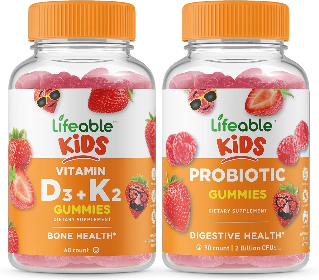 Lifeable Vitamin D3 + Vitamin K2 Çocuklar + Probiyotik 2 Milyar CFU Kids, Gummies Sche - Great Tasting, Vitamin Supplement, Gluten Free, GMO Free, Chewable Gummy