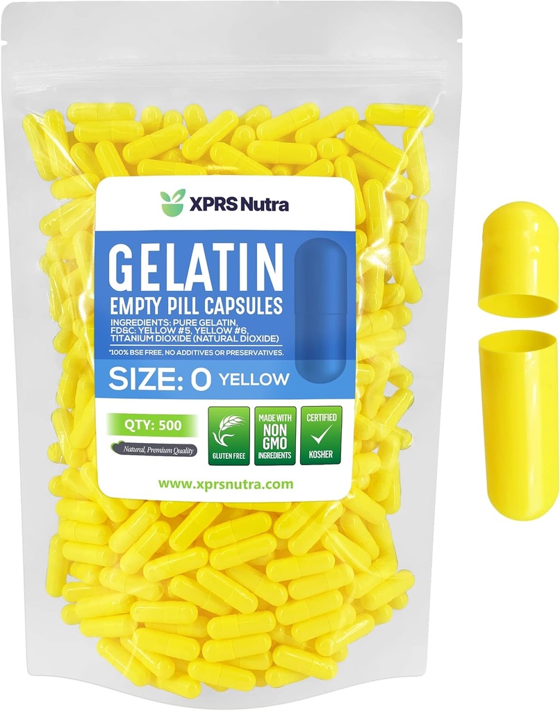 XPRS Nutra Boyutu 0 Boş Kapsüller - 500 Kont Renkli Boş Gelatin Capsules - Pills DIY Supplement Capsule - Do-It- Yourself Supplements (Yellow)