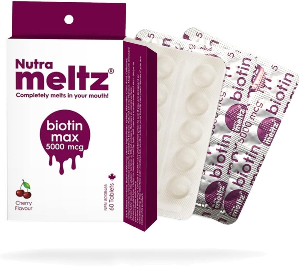 Nutra letz Biotin 5000 mcg – Υποστηρίζει την ανάπτυξη των μαλλιών, προάγει υγιή νύχια και ομαλή επιδερμίδα Γρήγορη Διαλύοντας δισκία για την έλλειψη βιοτίνης – Cherry Flavor (60 δισκία)