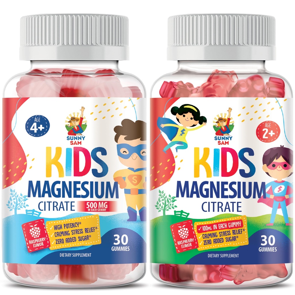 Çocuklar için SUNNY SAM Magnezyum Gummies - 100 mg ve Magnezyum Gummies for Kids 500mg. Magnezyum Chews - Magnezyum Citrate Chewable Supplement for Mood & Muscle Support