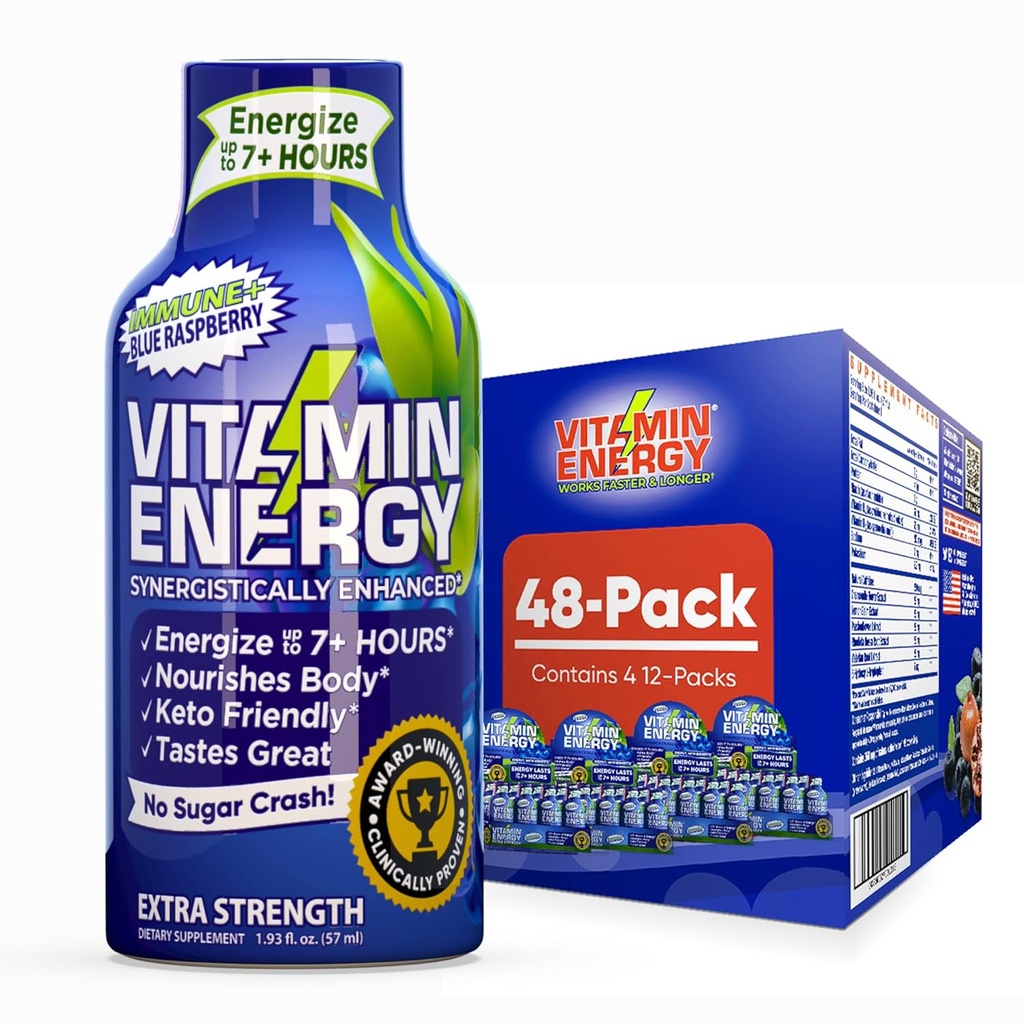 Enerji Vitamini Immune+ Ekstra Güçlü Enerji Shot Blue Raspberry 48 Pack, 260 mg Natural Caffeine, B-Vitamins, Citicoline, Green Tea, Immunity & Focus Support, Zero Sugar, Gluten-Free 1.93 fl ozz