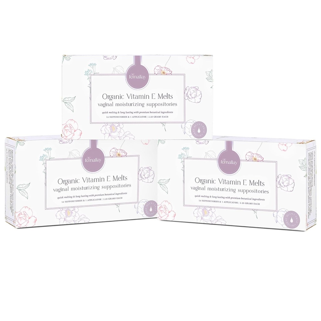 Femallay Organik Vitamin E Vaginal Melts - 3 Pack - Menopause Kuruness & Irritation - 14 Count + Applicator