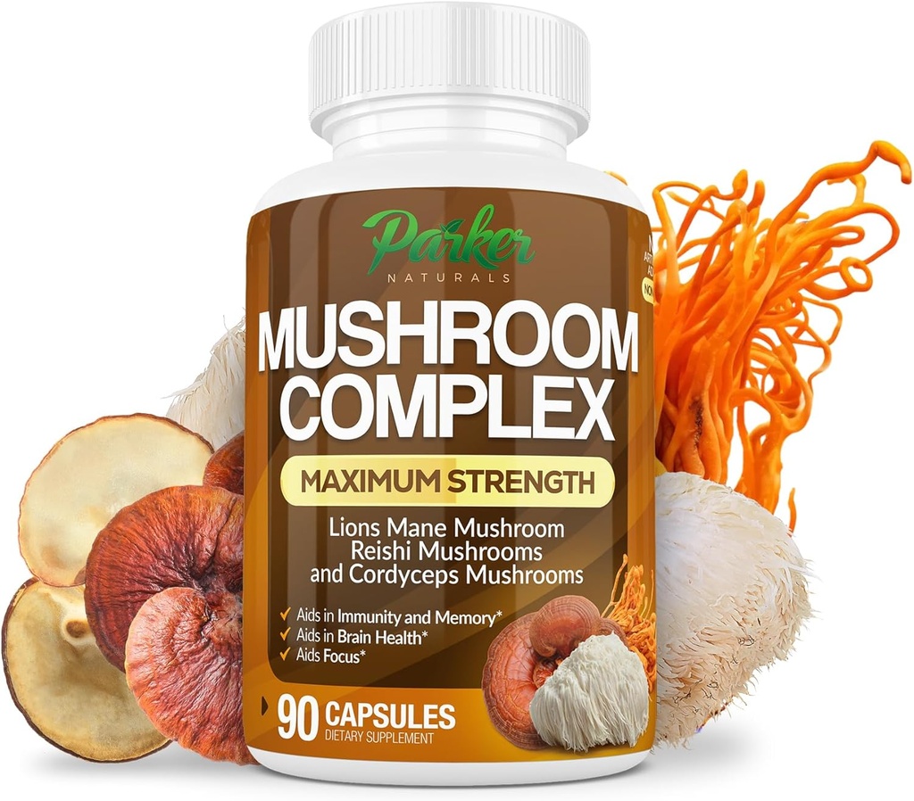 Parker Naturals Mushroom Kompleksi Capsules, Premium Lions Mane, Cordyceps ve Reishi Mushroom Supplement, maksimum Güçlü Organik Mushrooms Supplement, 90 Capsules