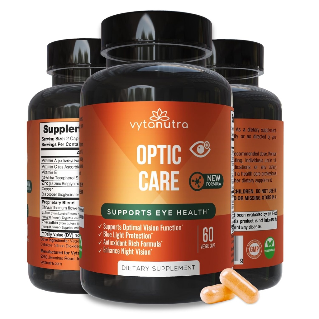 Optic Care Eye Vitamins – Λουτεΐνη, Ζεαξανθίνη, Βιταμίνες A C E, Ψευδάργυρος, χαλκός, Chrysantemum & Goji – Αντιοξειδωτική φόρμουλα μικροθρεπτικών για την υποστήριξη της όρασης – 3 PK