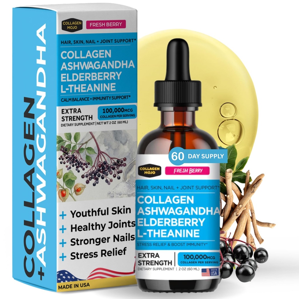 Collagen Mojo - Kadınlar ve Erkekler için sıvı Collagen,, Ashwagandha, Elderberry & L-Theanine - Saç, Skin, Nails, Ortak & Stres Desteği, Yüksek Aborpsiyon - 100.000
