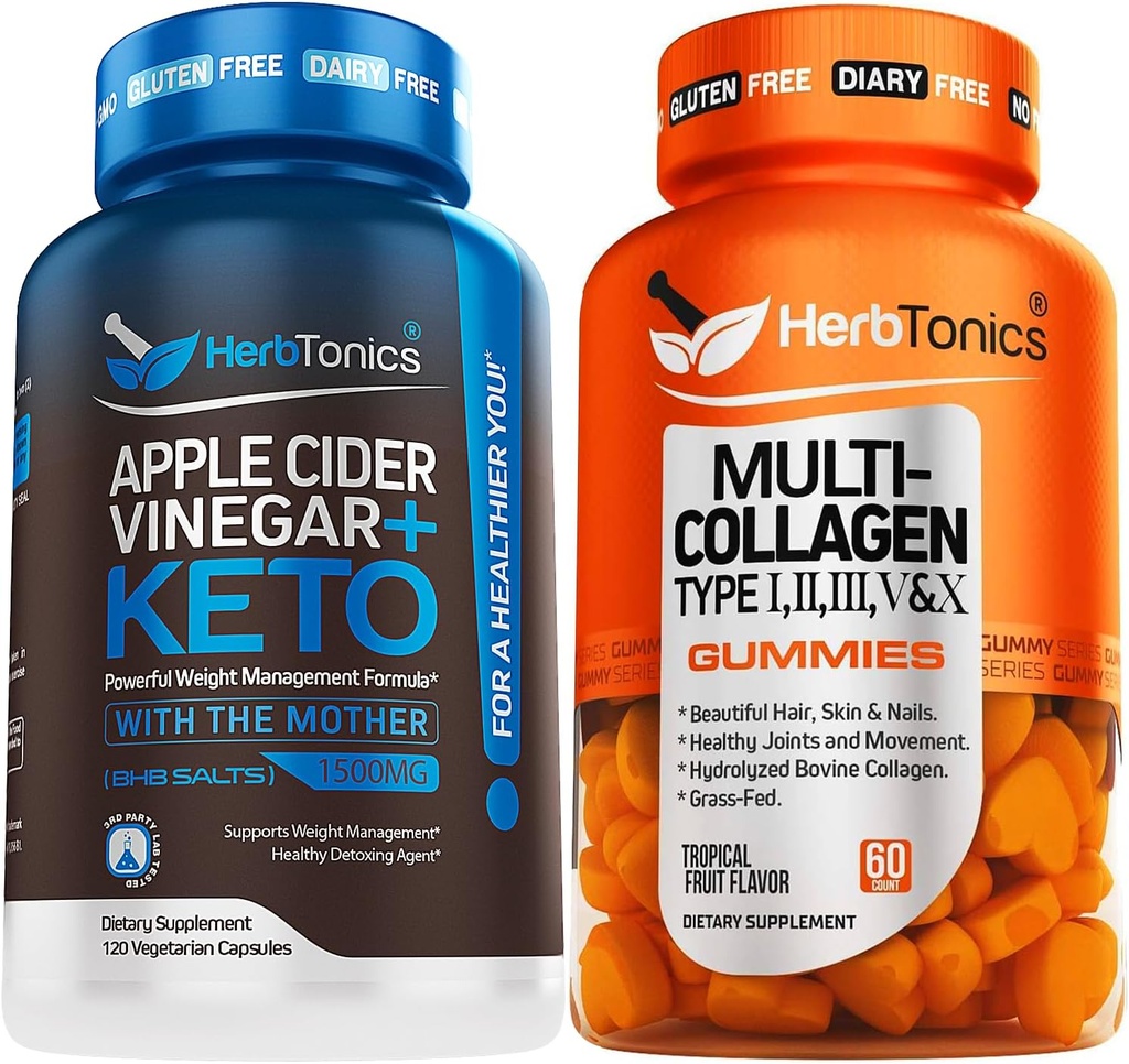 Herbtonics Apple Cider Vinegar Capsules Plus Keto BHB | Fat Burner & Kilo Kaybı Kadınlar ve Erkekler için Tamam - Çok Collagen Gummies Type 1.2,3,5 & 10 ile Biotin Saç Büyümesi, Skin, Nails