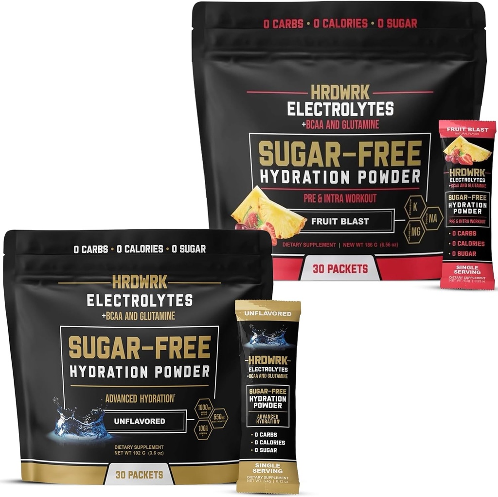 HRDWRK Elyte Packets for Hydration Diversity Scheets with, Pyum sodyum, BCAAs and Glutamine, | Nitro Electrolytes Toz with No Sugar, Unflavored & Fruit (60 Count)