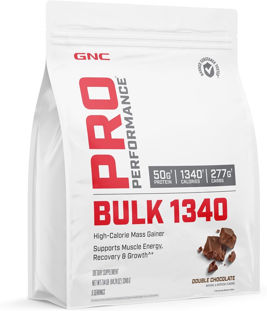 GNC Pro Performance Bulk 1340 Mass Winer Protein Toz, 50g, Gluten Free, Whey, Kretine, BCAA, 3rd Parti Test Edildi, Kas Kurtarma ve Büyüme, Micronutrients, Double Chocolate, 9 Servisler