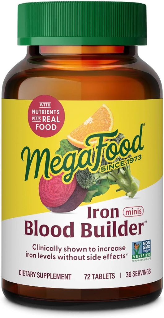 MegaFood Blood Builder Iron Supplement for Women & Men - Αυξήστε τα επίπεδα σιδήρου χωρίς παρενέργειες - Καταπολέμηση της κόπωσης - Βιταμίνη Β12, Φολικό οξύ & βιταμίνη C - Vegan - 72 Mini Tablets (36 Servings)