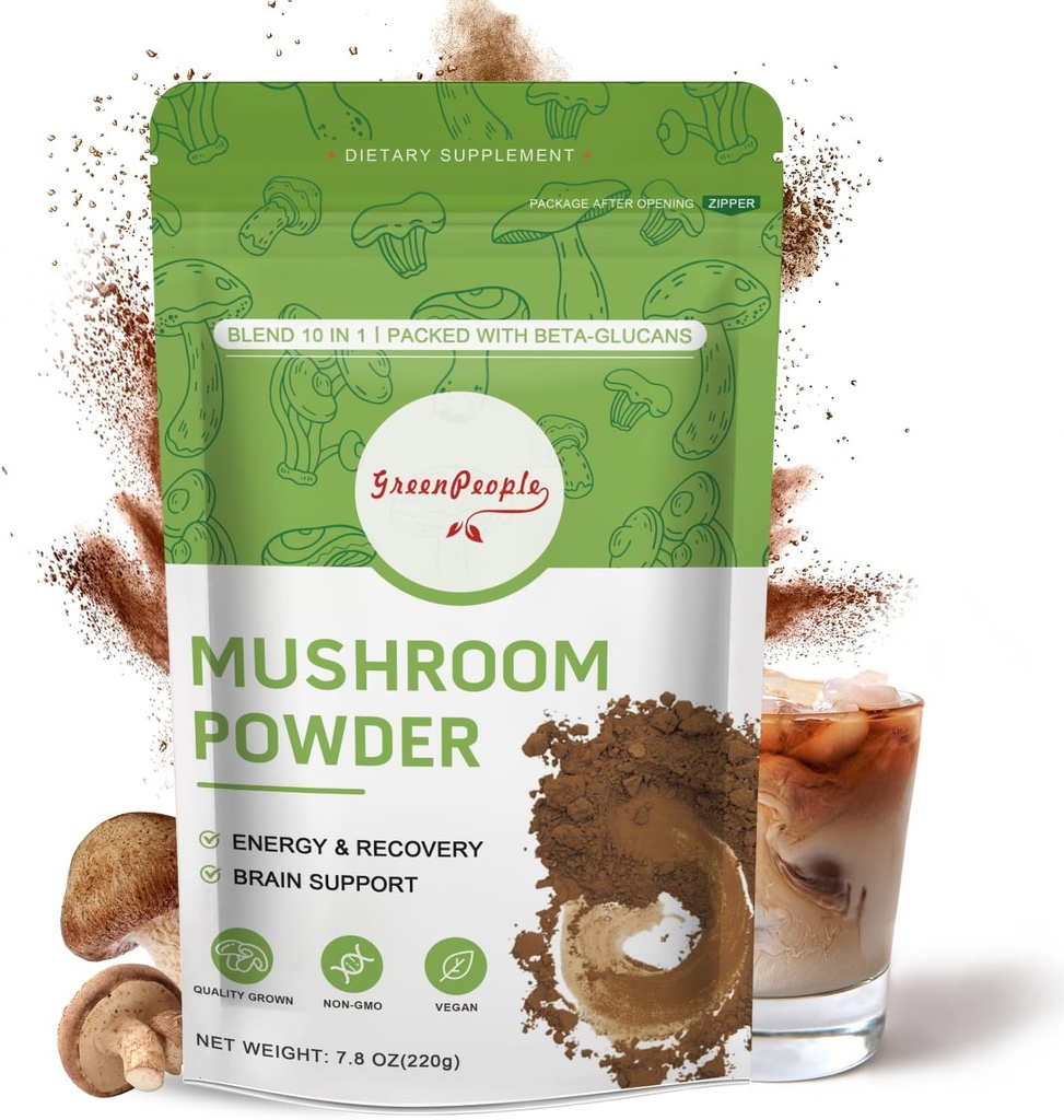 GREENPEOPLE Mushroom Powder Mushroom Supplement - 10-σε-1 Mushrooms Lions Mane Powder with Reishi/Cordyceps/Chaga/Turkey Tail/Matake/Complex for Cognitive Function & Immune Support 78 Services