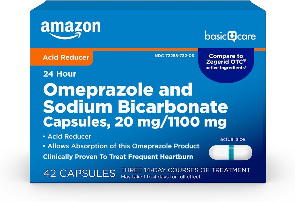 Temel Bakım Omeprazole ve sodyum Bikarbonat Capsules, 20 mg/1100 mg, 24 Saat Frequent Heartburn Tıp, Asit Perspektif Pills, 42 Kont