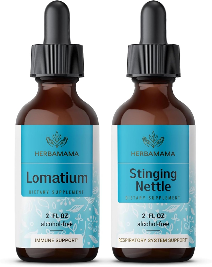 HERBAMAMA Herbal Liquid Drops Kit - Lomatium Root Extract ve Sting Nettle Tincture 2 fl oz - Vegan, Non-GMO, Sugar & Alkol-Free - 2 Pack
