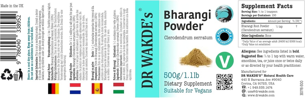 DR WAKDE'S Bharangi Toz (Clerodendrum serratum) - 500g (1.1lb) | Pure, Raw & Kuru Toz | Doğal Aromatik ve Tazelik | Güzel Toz | Vegan | Premium Grade | Hiçbir şey eklendi