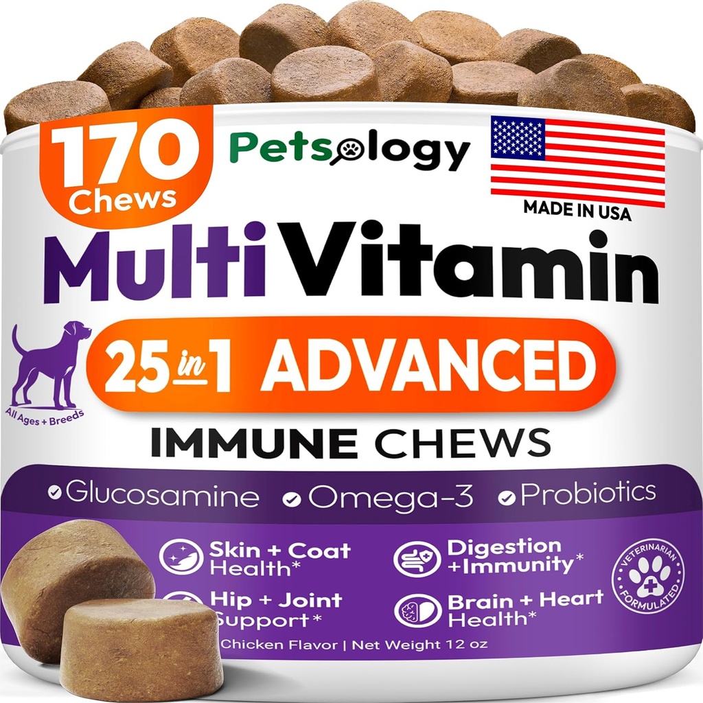 Köpek Multivitamin Chewable - Glucosamine ile Köpek Vitaminleri ve Supplements - 170 Chews - Hip & Ortak, Pet Immune Support, Skin & Coat, Gut & Heart Health - Senior & Puppy Multivitamin Pet Supplement