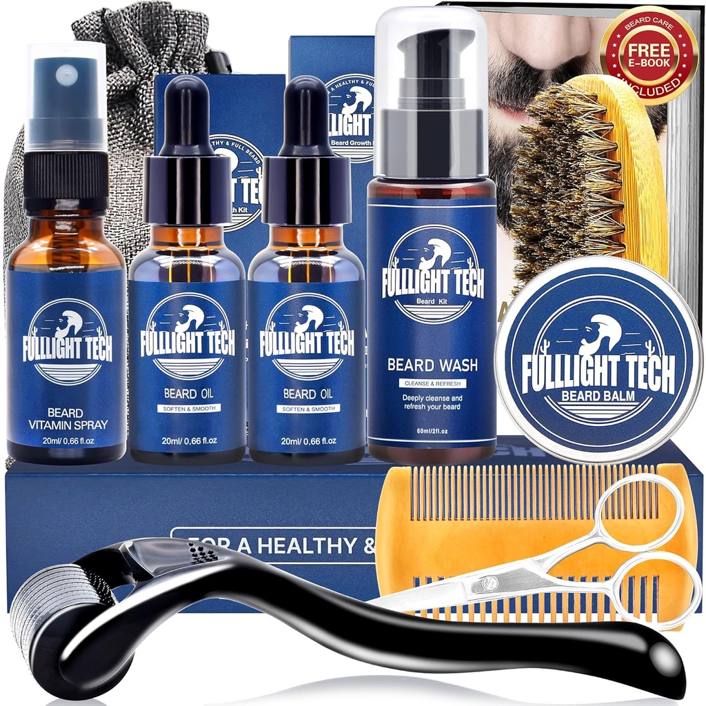 Ayıd Care Kit for Men-Nourish Soften Grooming Patchy Beard W/Vitamin Spray,Mustache Oil,Balm, Wash,Boar Bristle Brush,Wooden Comb,Sciss,Valentines Babalar için Hediyeler