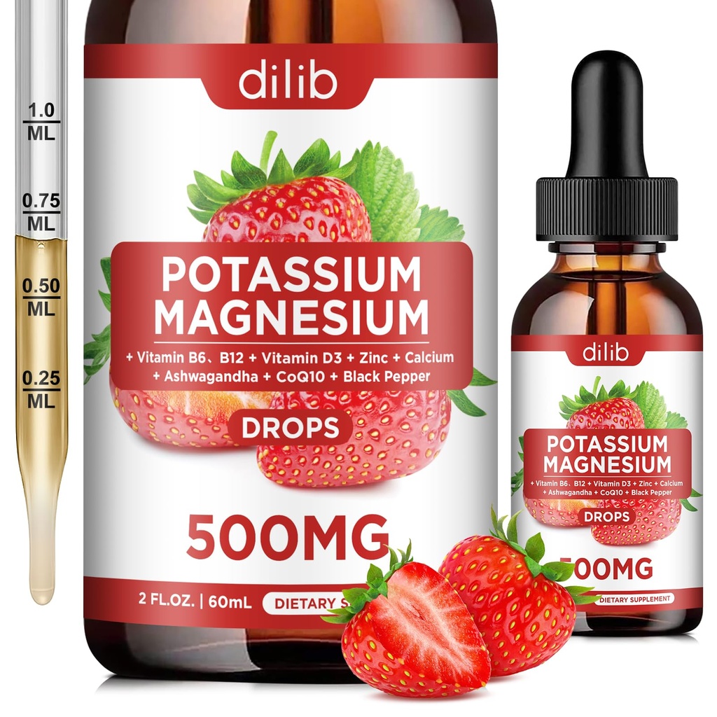 Potasyum Magnezyum Citrate Supplement, Sıvı Citrate Drops 500 mg with Ashwagandha, Macau, Vitamin D3, B6, B12, CoQ10 - Support Calm & Bone & Muscle & Immune Health Vegan 2 fl ozzz