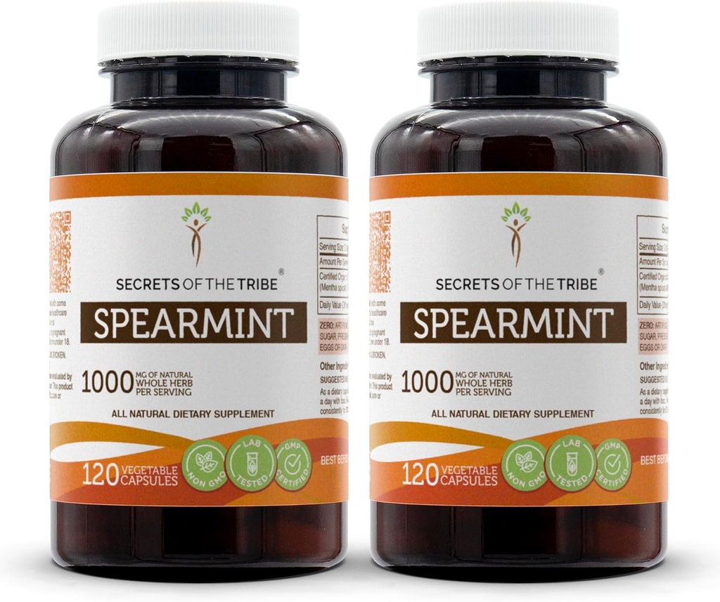Tribe Spearmint Capsules 1000 mg Spearmint (Mentha spicata) kadi, Kadın Hormon Destek Tamam (2x120 Capsules)