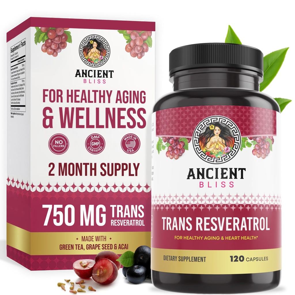 Ancient Bliss Resveratrol Ισχυρό συμπλήρωμα αντιοξειδωτικών με πράσινο τσάι, εκχύλισμα σπόρων σταφυλιών για υγιή γήρανση για άνδρες και γυναίκες