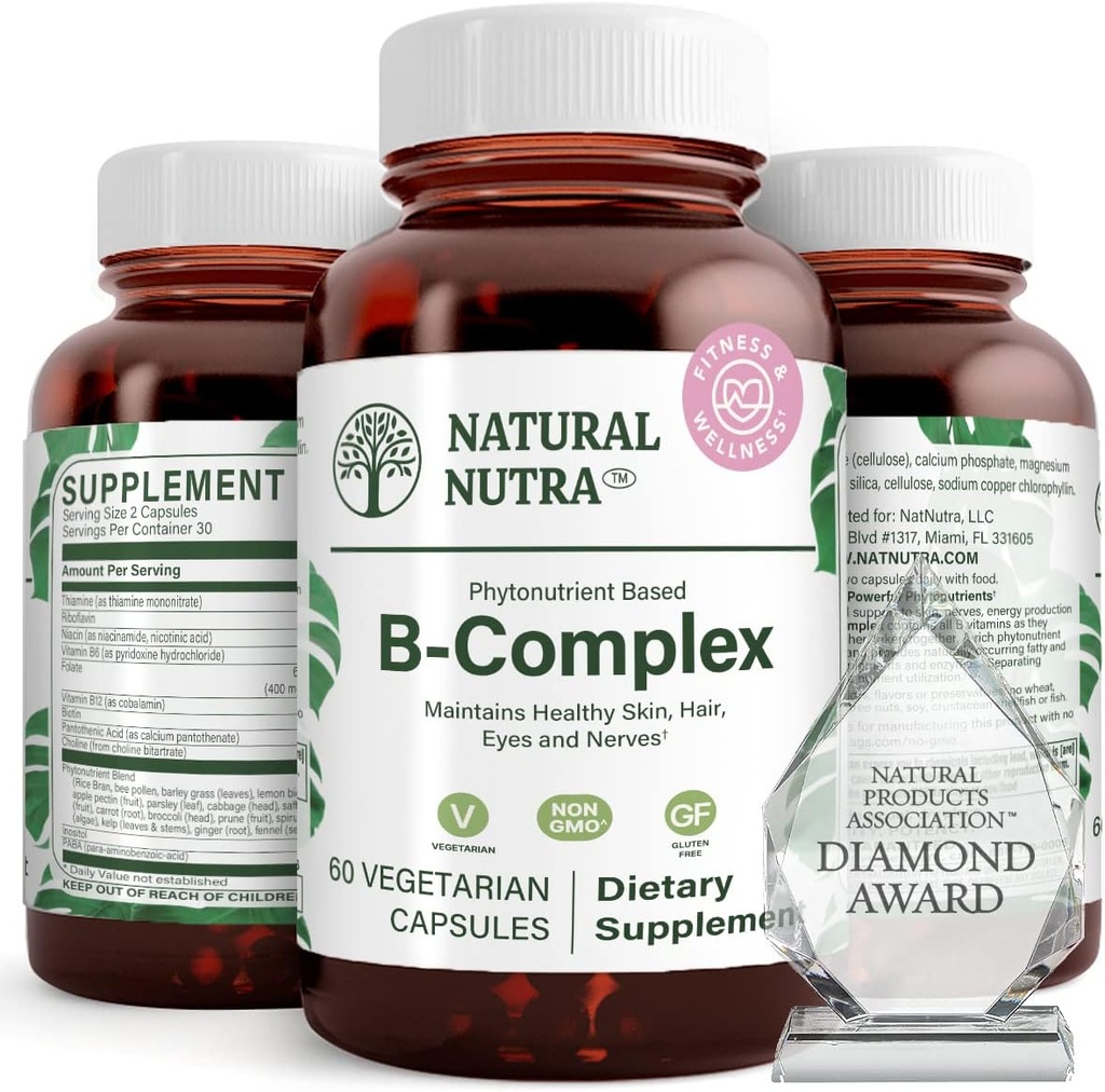 Doğal Nutra Vitamin B Kompleksi Niacin, Folate, Thiamin, Biotin, Destekler Nervous System Health, Metabolism, Skin, Gözler ve Saç Sağlığı, Tüm Gıda Tamam, 60 Vegetarian Capsules