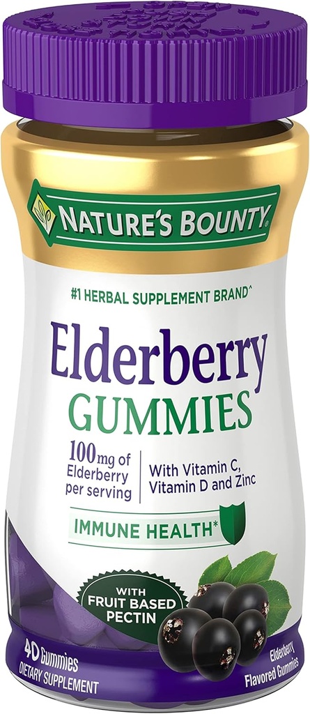 Nature's Bounty Elder Gummies, Immune Support, Contains Vitamin A, C, D, E ve çinko, 40 Gummies