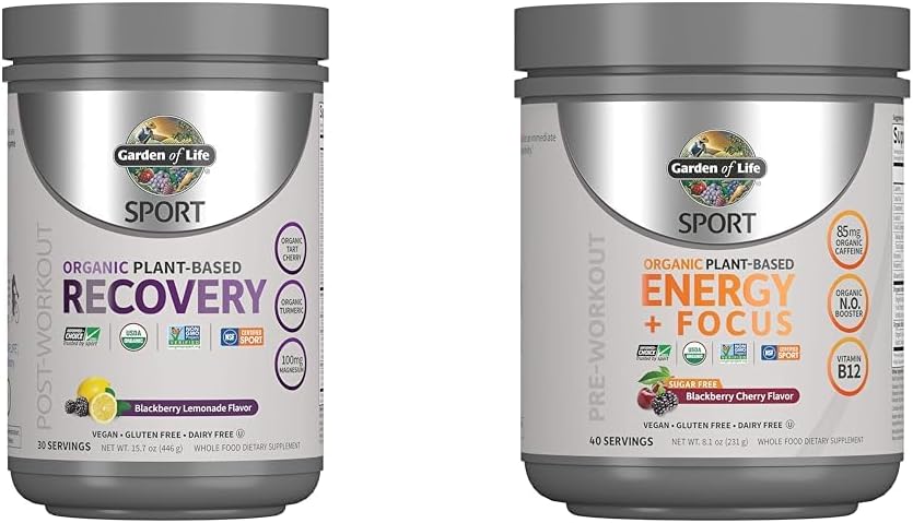 Garden of Life Vegan Organic Plant-Based Post Workout Recovery Powder, 30 Servings, 15.7 Oz & Pre Workout Energy Powder, 40 Servings, 8.14 Oz Bundle