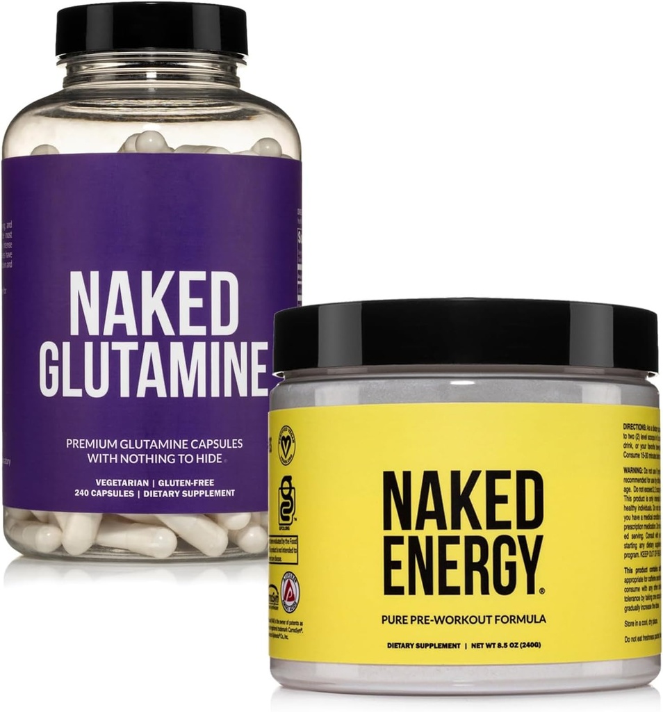 NAKED Vegan Energizing Muscle Recovery Bundle Unflavored Energy and 240 L-Glutamine Capsules, 1000mg
