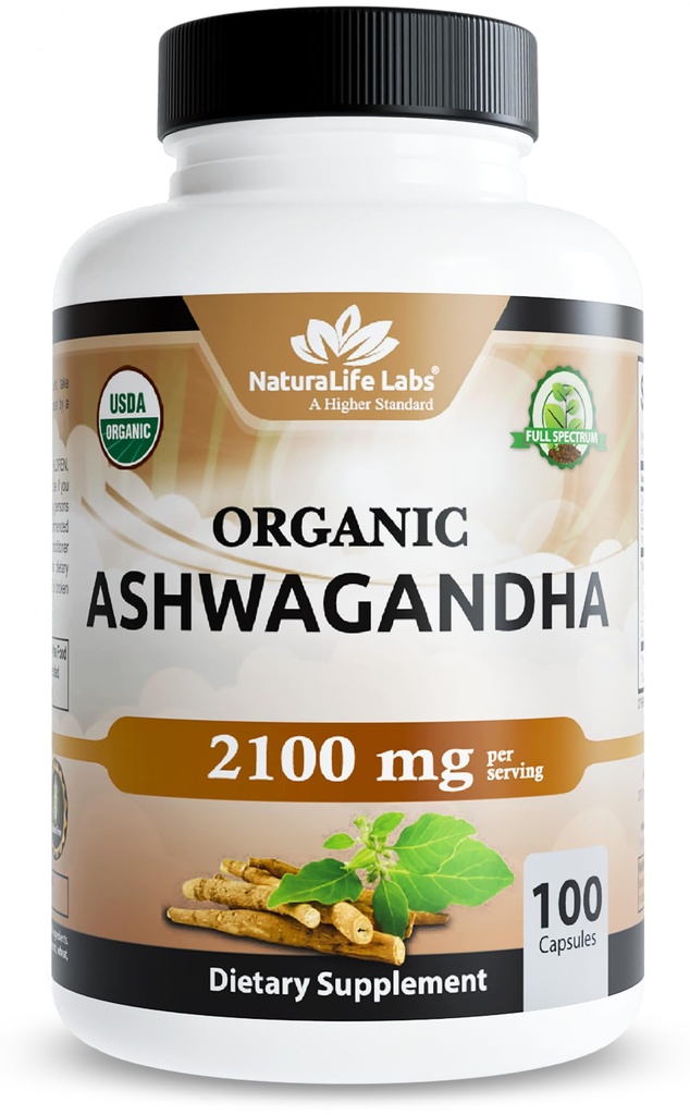 NaturaLife Labs Organik Ashwagandha 2100 mg hizmet başına – Root Toz & Extract – 100 Capsules – Vegan, Non-GMO, Gluten-Free Free-GMO, Gluten-Free Free
