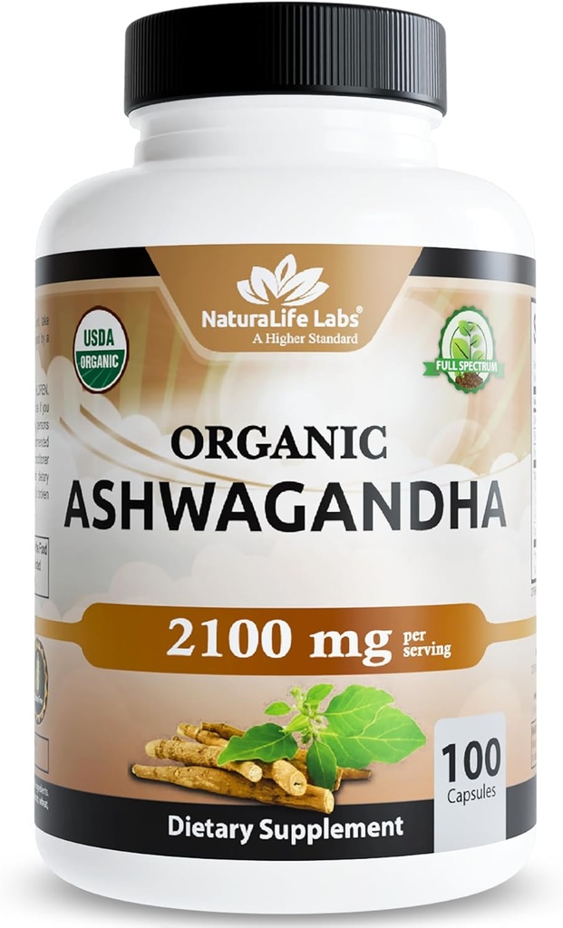 NaturaLife Labs Organik Ashwagandha 2100 mg hizmet başına – Root Toz & Extract – 100 Capsules – Vegan, Non-GMO, Gluten-Free Free-GMO, Gluten-Free Free