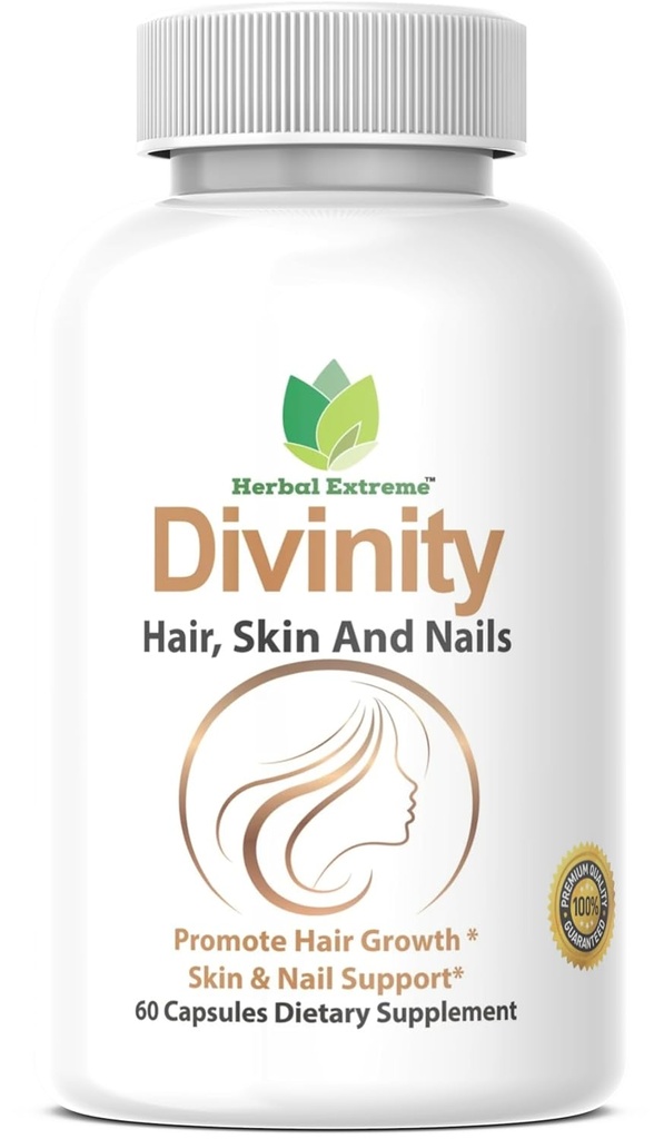 Divinity Hair, Skin and Nails 60 Capsules 5000 mcg Biotin P-amino Benzoic Acid, Horsetail ekstra, Fo-Ti, Wine ekstra, Sting Nettle, Chinese Peony, Spirulina, Sawetto