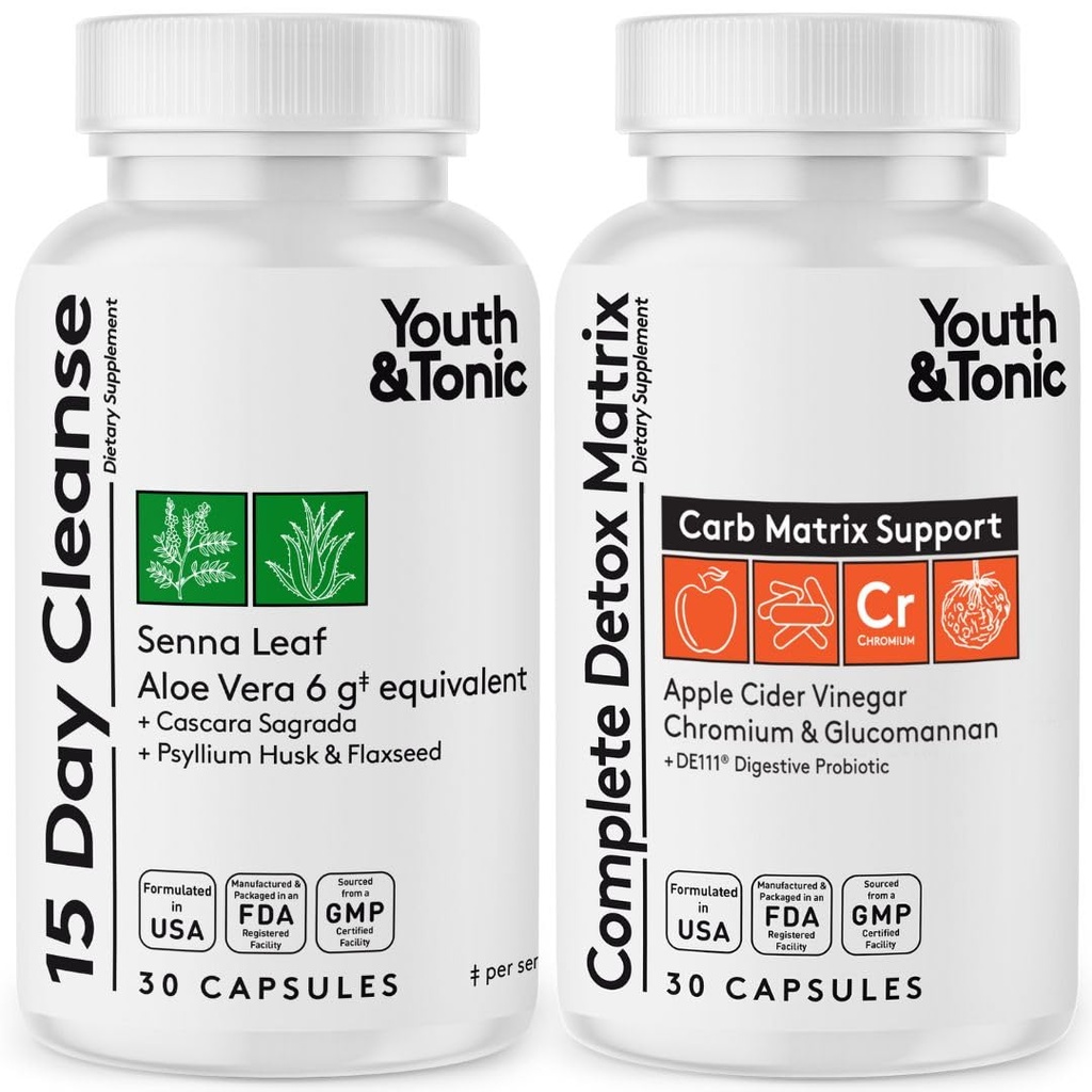 Youth & Tonic Colon Cleanser & Detox for Loss of Waste, Breaking The Plateau, Bloating. 60 Χάπια για Καθαρισμό με Senna Leaf, Μηλίτη Ξίδι, Γλυκομαννάνη και Περισσότερα