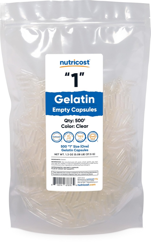 Nutricost Boş Kapsüller Gelatin Boyutu 1-500 Clear Boş '1' Gel Capsules - Kosher, Non-GMO, Soy Free, Gluten Free