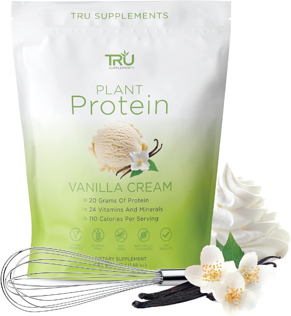 TRU Supplements Plant Temel Protein Toz, BCAA, EAA, 20g Vegan Brown Rice & Pea Protein, 100 Calories, 27 Vitamin, Yapay Flavors 25 Hizmet (Vanilla)