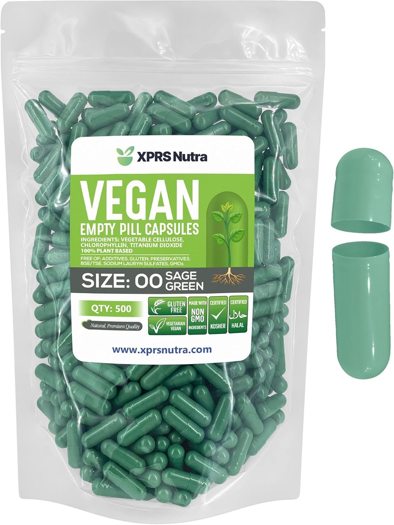 XPRS Nutra Μέγεθος 00 Κενές κάψουλες - 500 Count Empty Vegan Κάψουλες - Χορτοφαγικά άδεια χάπια - DIY Καψάκιο λαχανικών πλήρωσης - Veggie Χάπια Καπάκια (Πράσινο φασκόμηλο)