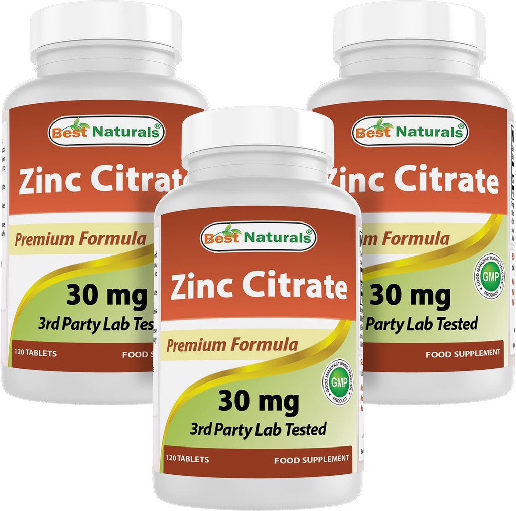 Best Naturals Ψευδάργυρος 30mg Συμπληρώματα (ως κιτρικός ψευδάργυρος) - Βιταμίνες ψευδαργύρου για Ενήλικες Ανοσοποιητική Υποστήριξη - 120 δισκία (120 Count (Pack of 3)
