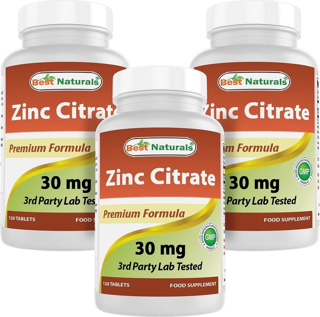 Best Naturals Ψευδάργυρος 30mg Συμπληρώματα (ως κιτρικός ψευδάργυρος) - Βιταμίνες ψευδαργύρου για Ενήλικες Ανοσοποιητική Υποστήριξη - 120 δισκία (120 Count (Pack of 3)