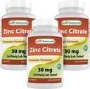 Best Naturals Ψευδάργυρος 30mg Συμπληρώματα (ως κιτρικός ψευδάργυρος) - Βιταμίνες ψευδαργύρου για Ενήλικες Ανοσοποιητική Υποστήριξη - 120 δισκία (120 Count (Pack of 3)