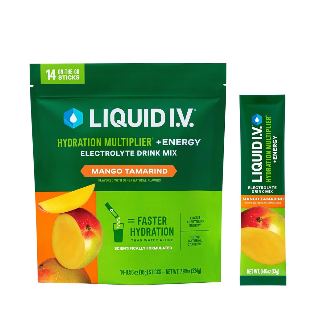 Sıvı I.V.® Hydration Multiplier® +Energy - Mango Tamarind - Hydration Toz Packets | Electrolyte Toz I | Benzersiz Single-Serving Sticks | Non-GMO | 14 Hizmetler (Brook of 12)