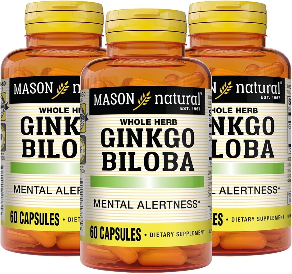 MASON NATURAL G Biloba, 3 Ay Supply, Zihinsel Uyarılık ve Destek Optimal Beyin Fonksiyonlarını Geliştirmeye yardımcı olur, 60 Capsules (3 Pack)