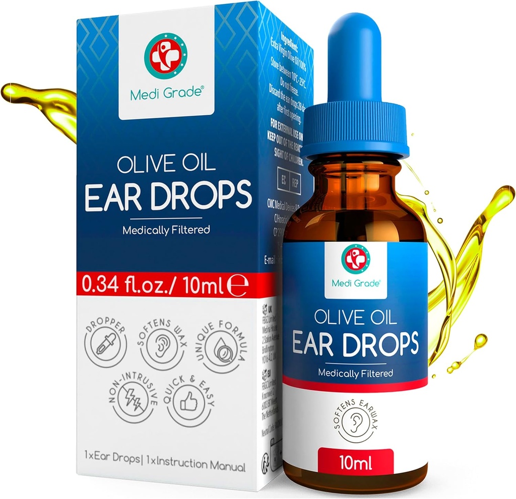 Medi Grade Olive Oil Ear Drops for Wax Removal and Blocked Ears, 10 ml - 100% Doğal Kulak Formları Pipette Dropper Softens ile Geri Döndürme ve Sertleştirilmiş Earwax Buildup - Advanced Ear Wax Drops