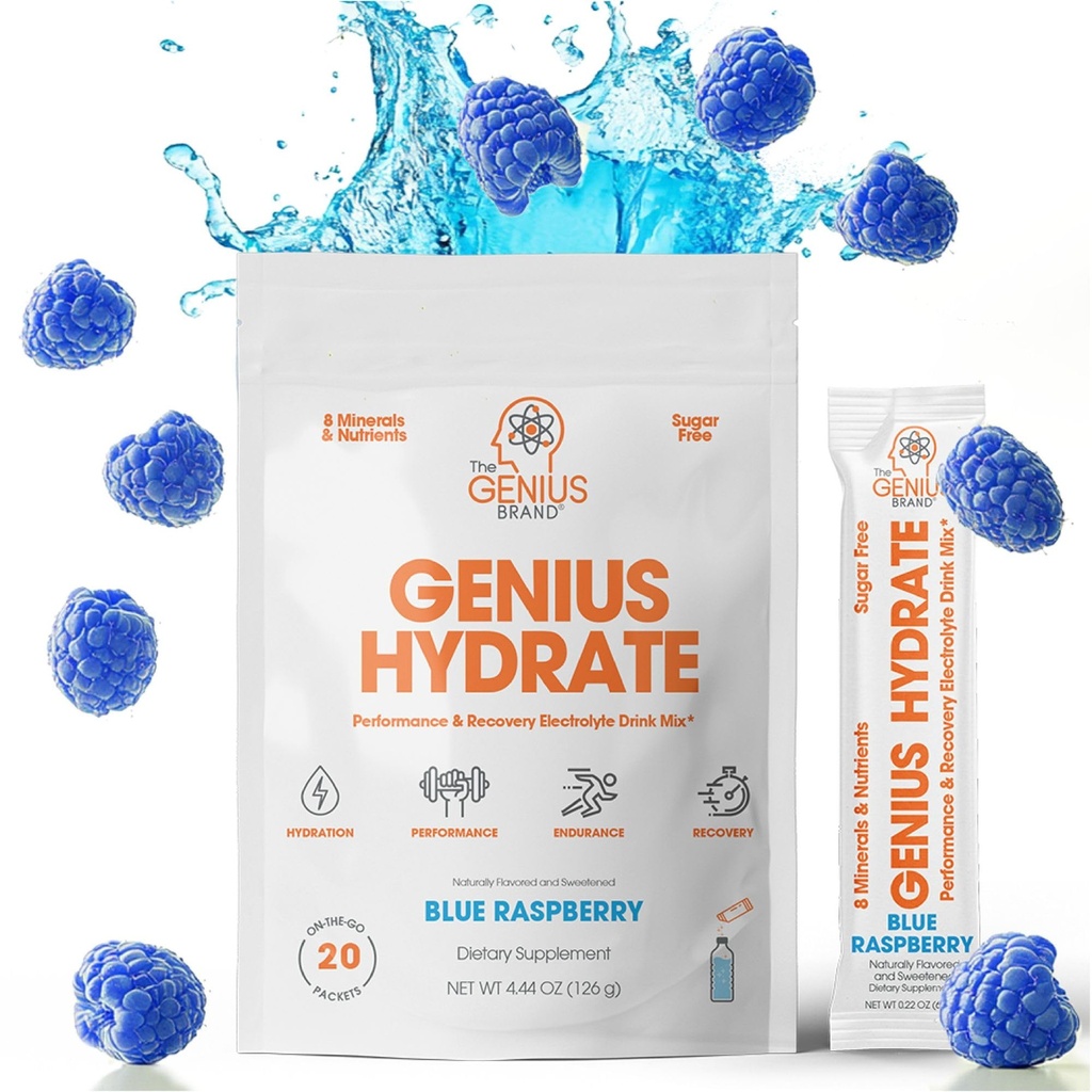 The Genius Brand - Genius Hydrate Stick Pack Powder Mix – Μπλε Βατόμουρο Γεύση, Φυσικό Ηλεκτρόλυτο Αναμνηστικό με Καρύδα Νερό & Κάλιο για Ultimate Ενυδάτωση - 20 Πακέτα
